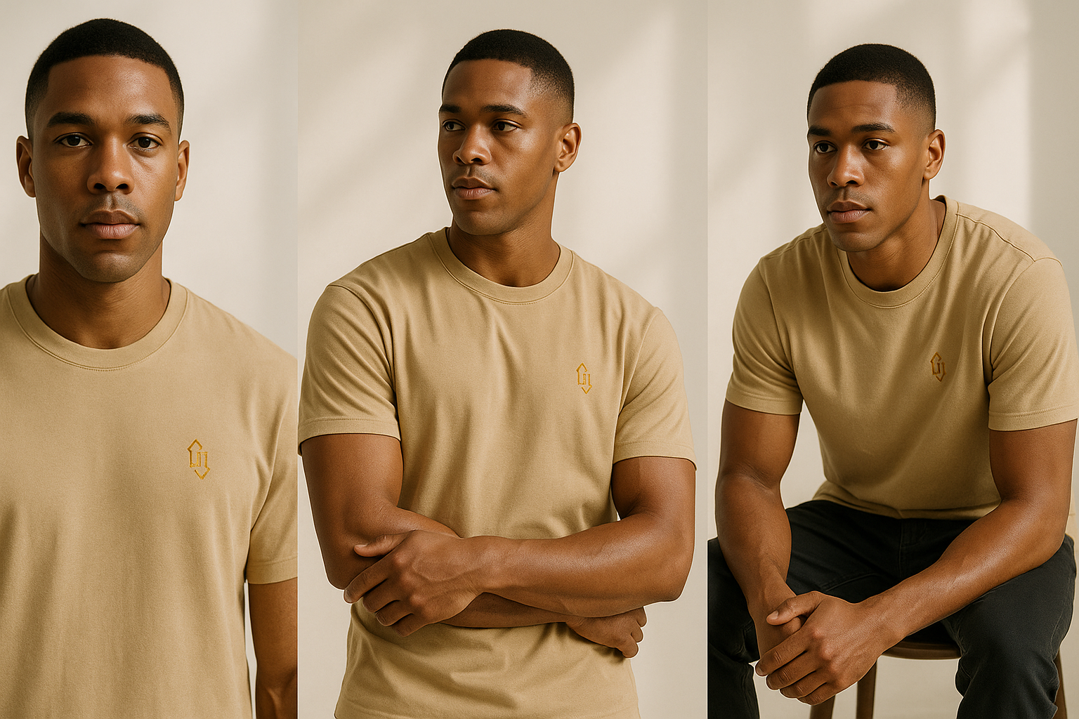 Three men wearing beige trading themed t-shirts with a logo on a neutral background