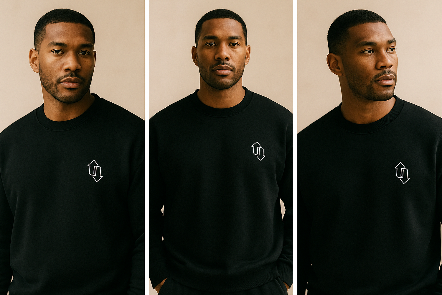Three panel view of a day trader wearing a black sweatshirt with a logo of trading apparel brand 