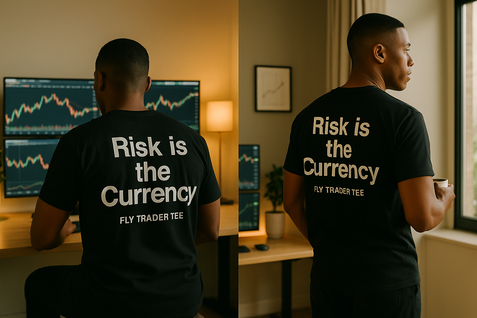 Person wearing a black t-shirt with 'Risk is the Currency' text in front of a computer screen.
